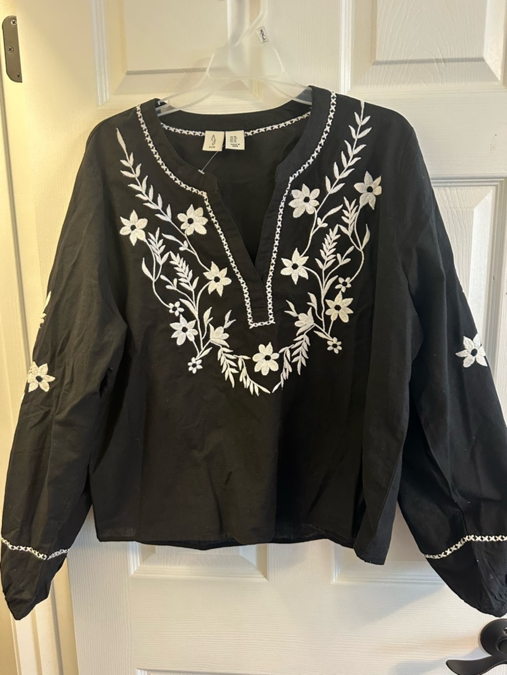 Joie Black Cotton Blouse with White Floral Embroidery
